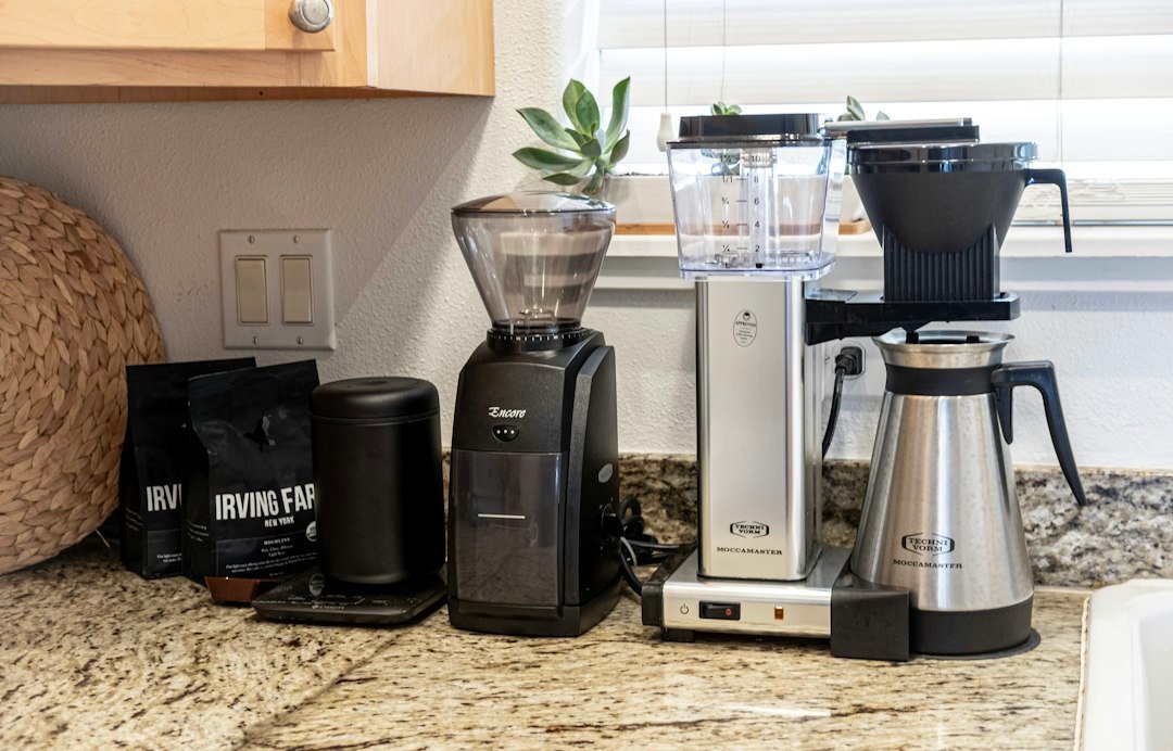 Home coffee setup with grinder and brewing equipment.