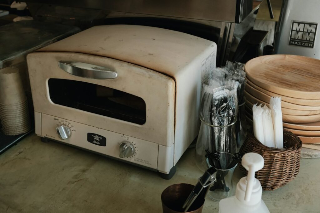 Toaster oven on a kitchen counter.
