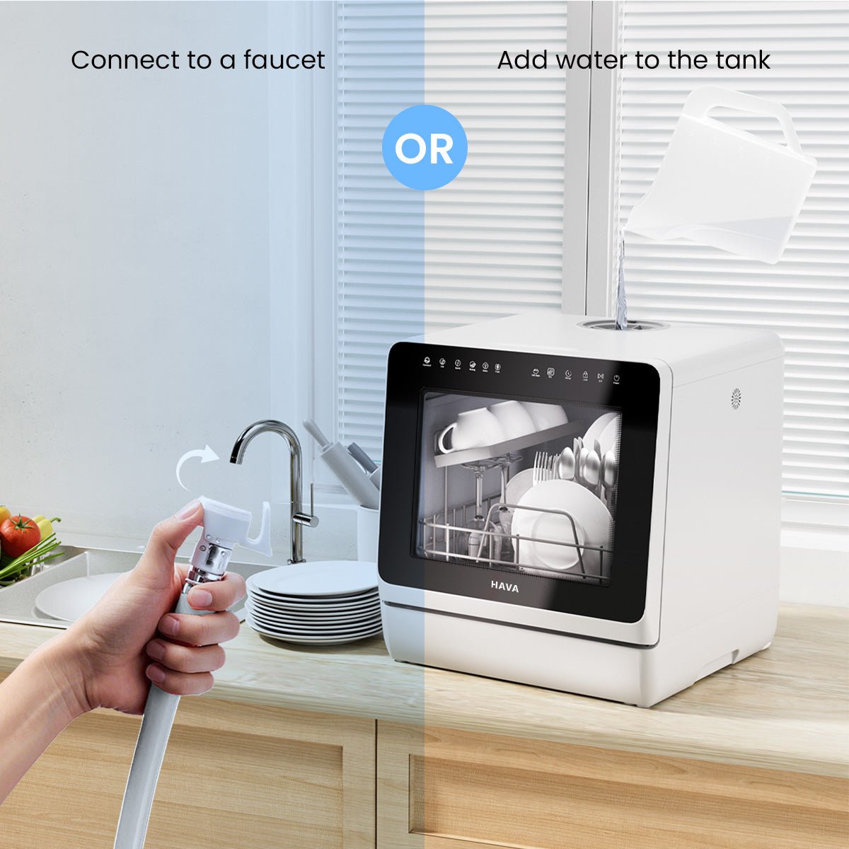 HAVA R09 countertop dishwasher showing faucet connection and built-in water tank filling options