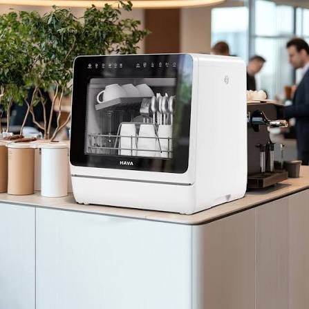 HAVA R09 countertop dishwasher standing on a worktop with its door closed