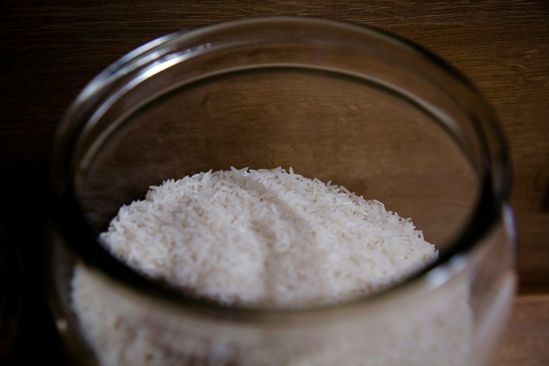 Uncooked rice in a bowl.