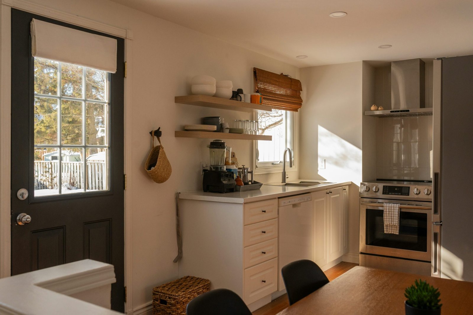 Compact modern kitchen with organized appliances and storage