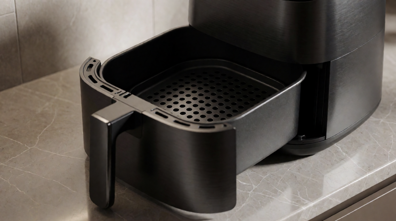 Open compact air fryer basket with crisper plate and airflow holes visible