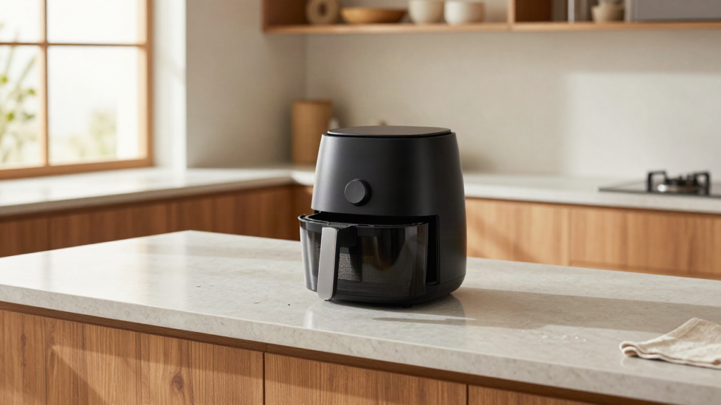 Compact air fryer on a small kitchen counter