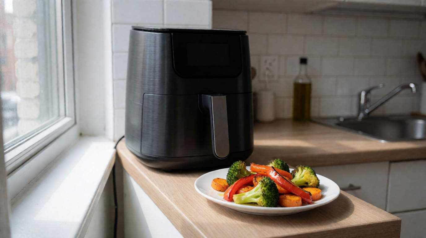 Compact air fryer in a small apartment kitchen with roasted vegetables nearby
