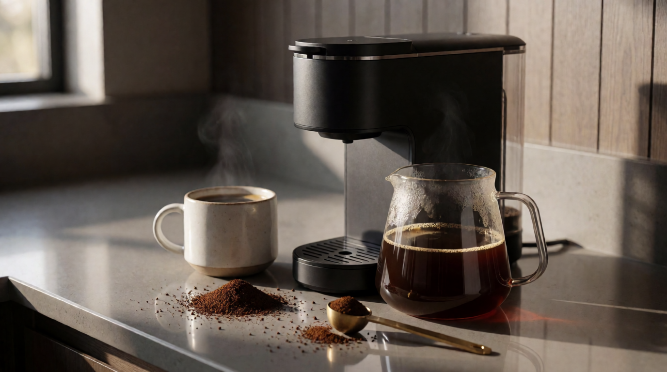 Coffee setup on a warm kitchen counter