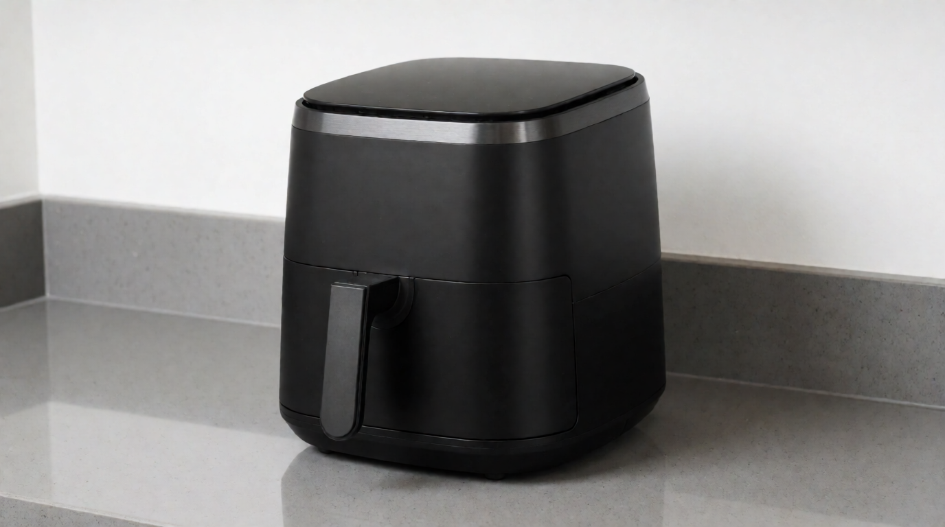 Generic compact basket air fryer on a small kitchen counter