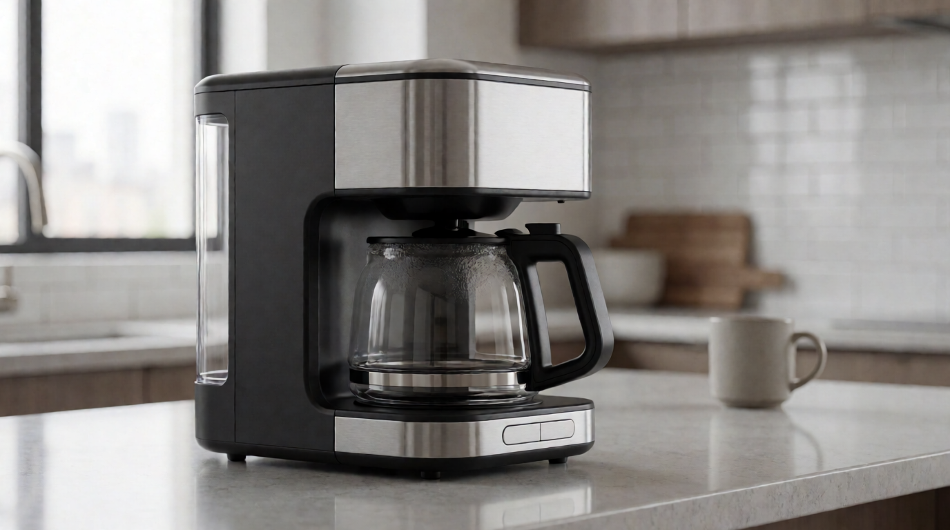 Generic compact drip coffee maker on a small kitchen counter
