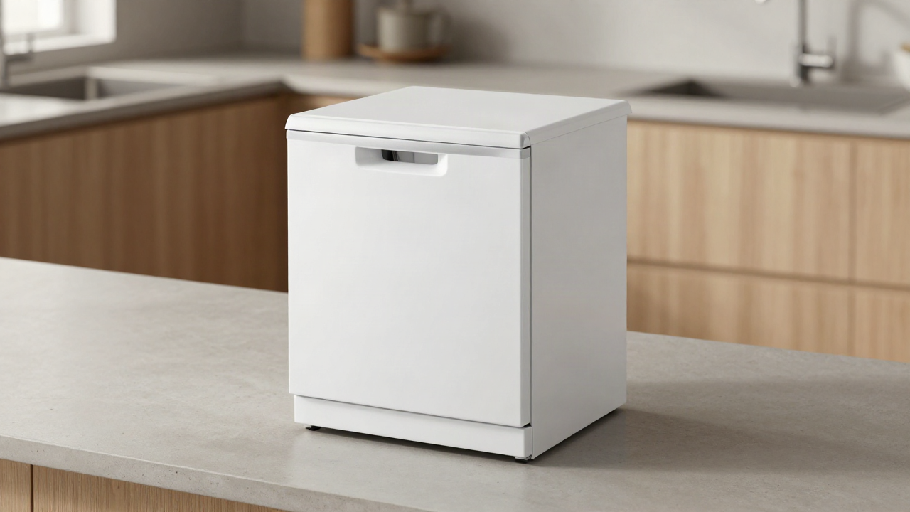 Generic compact countertop dishwasher on a kitchen counter