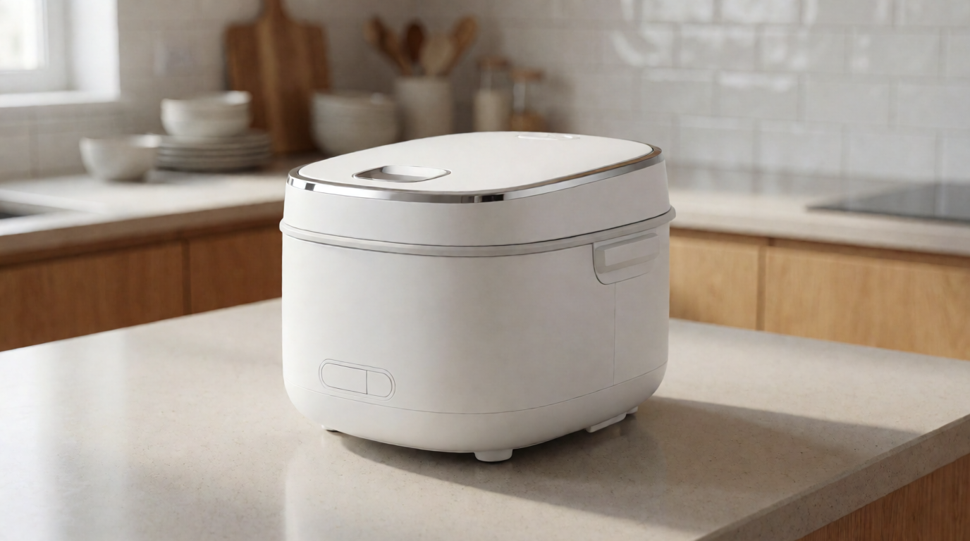 Generic compact rice cooker on a small kitchen counter