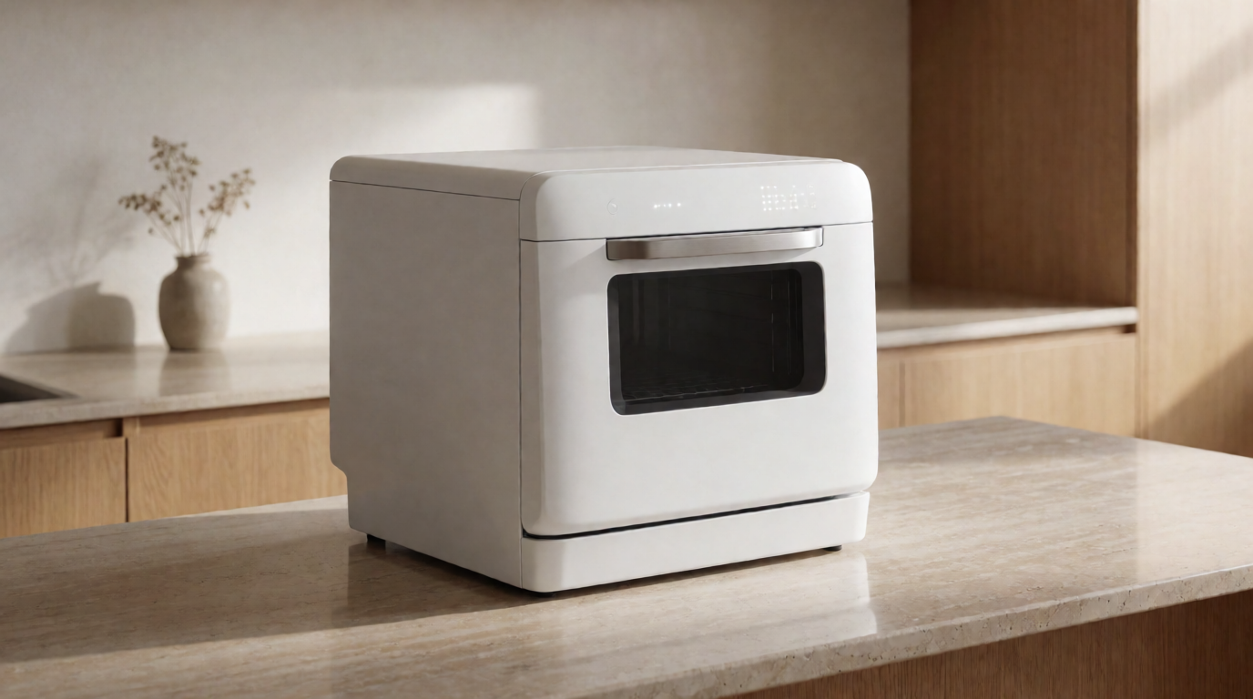 Generic compact countertop dishwasher on a small kitchen counter