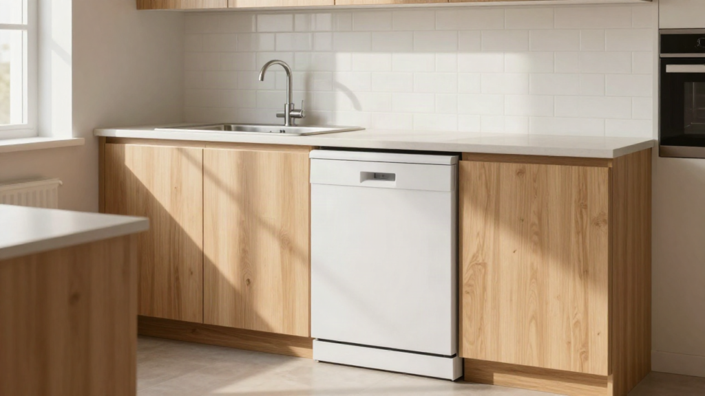 Compact countertop dishwasher beside a small kitchen sink