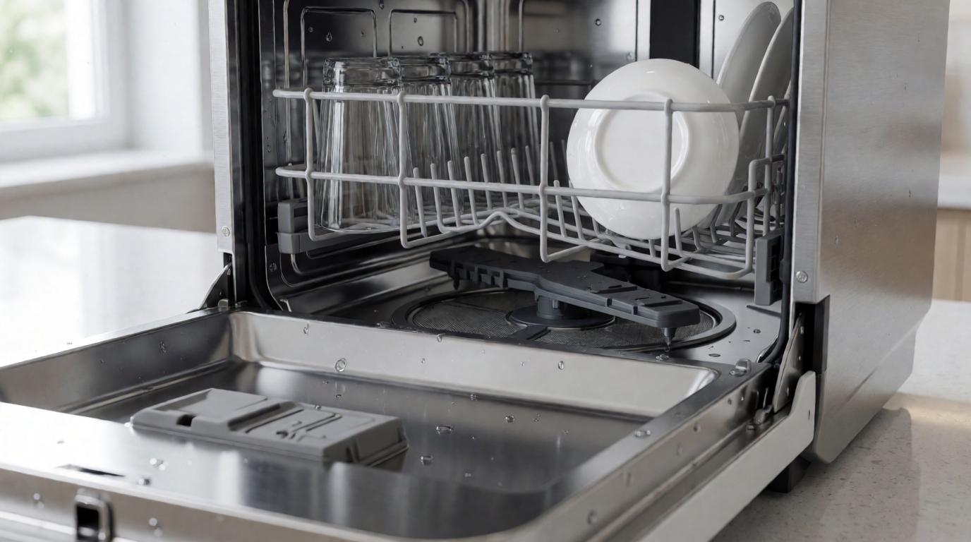 Open interior of a compact countertop dishwasher with rack and spray arm visible