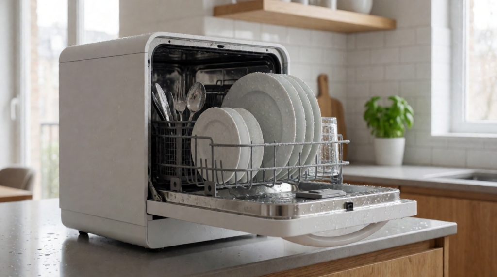 Open compact countertop dishwasher with clean dishes and visible water droplets