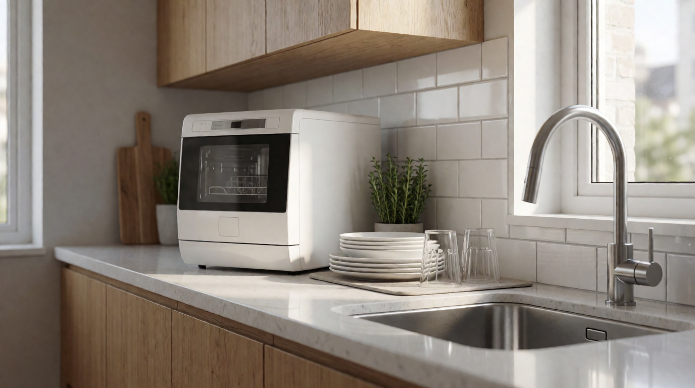Compact countertop dishwasher beside a sink in a small apartment kitchen