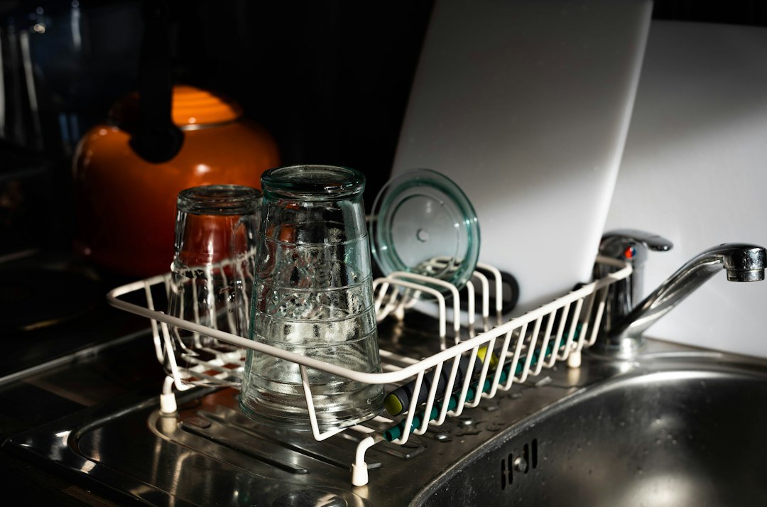 Dish rack and glassware in a compact kitchen