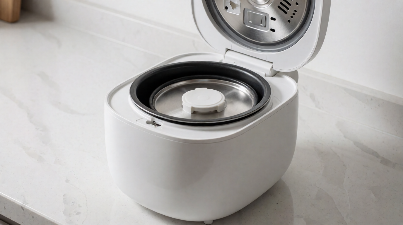 Open compact rice cooker showing the removable inner pot and lid interior