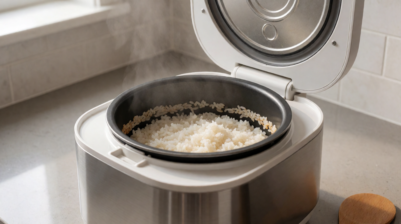 Rice cooking setup in a warm kitchen