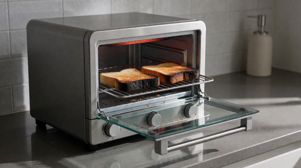 Open compact toaster oven with toast showing dark burnt edges
