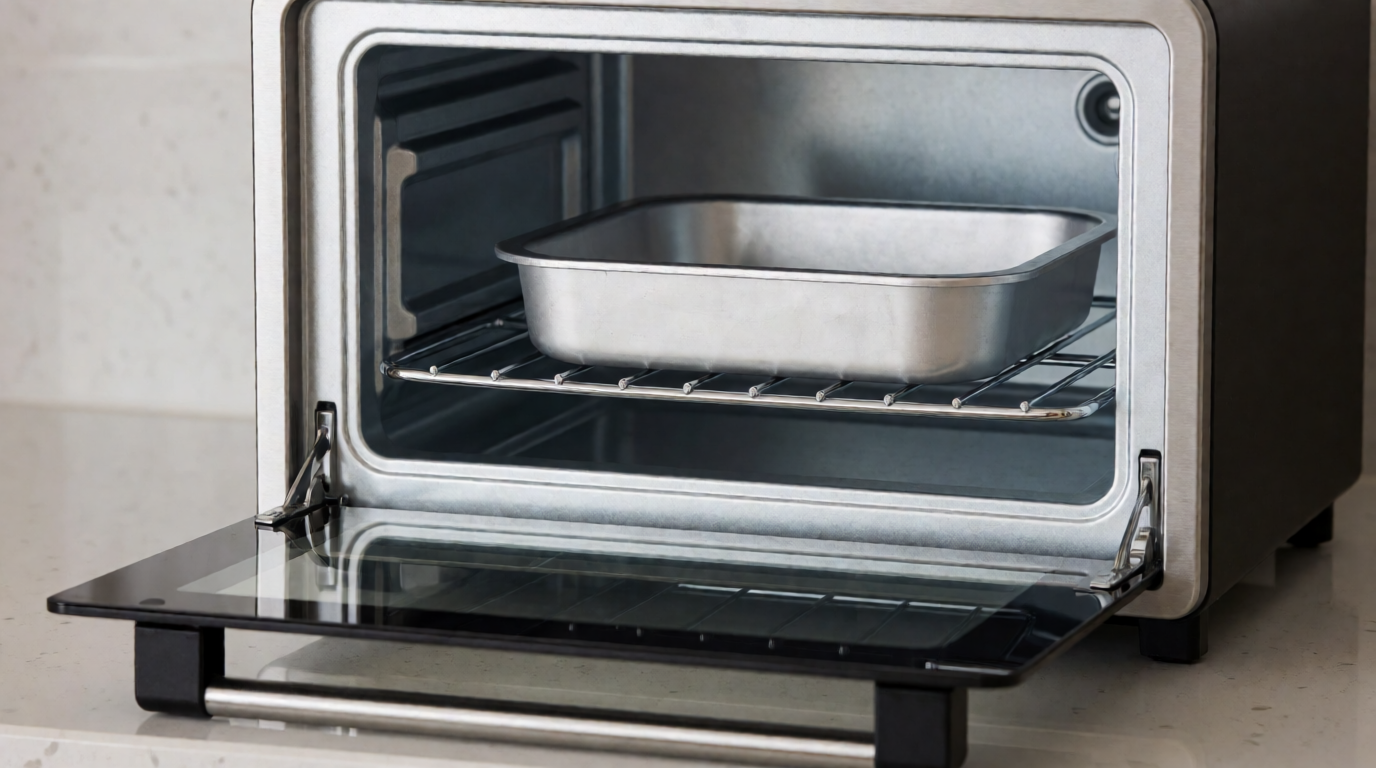 Open compact toaster oven showing rack, baking pan, and heating elements