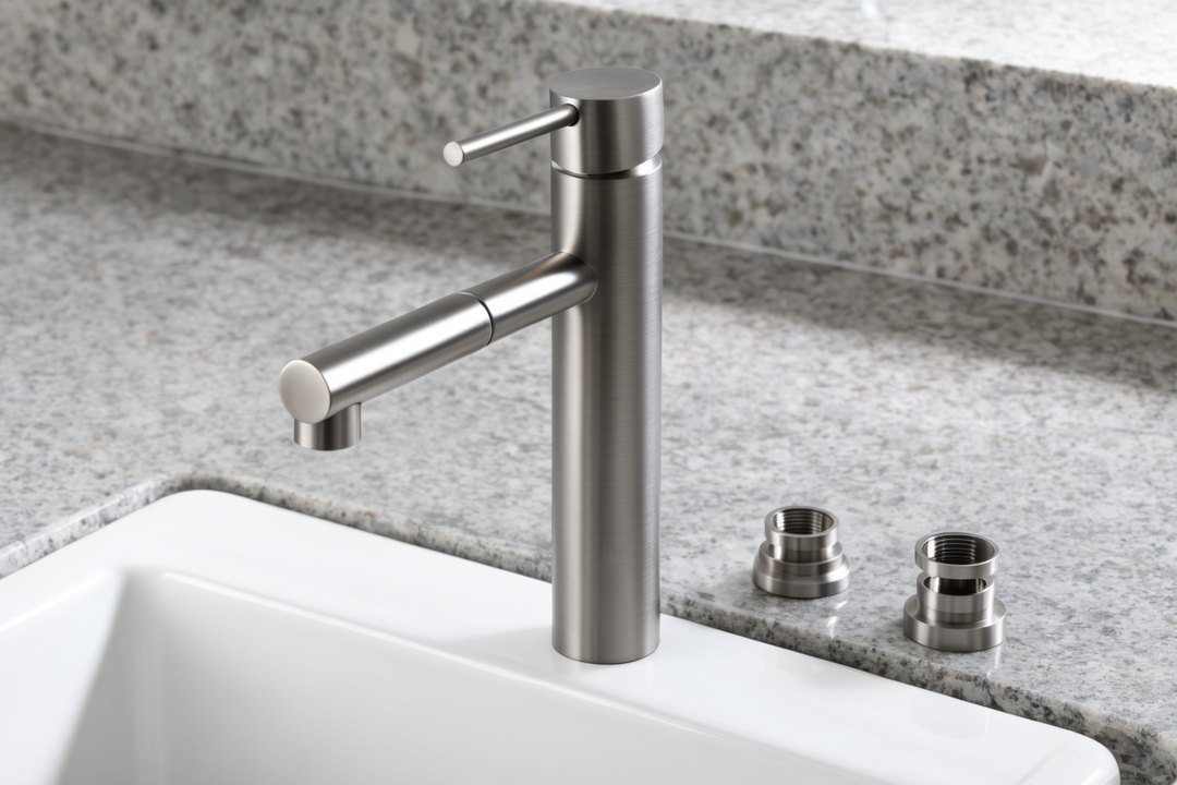 AI illustration of unattached faucet aerators and gaskets beneath a stainless steel tap