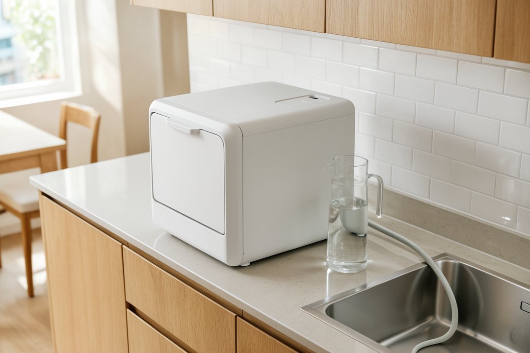 AI illustration of a generic tank-fill countertop dishwasher, pitcher and sink