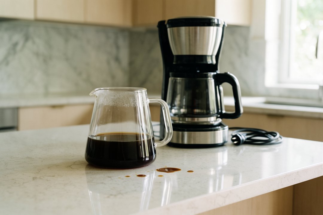 AI illustration of a coffee carafe beside a generic unplugged coffee maker