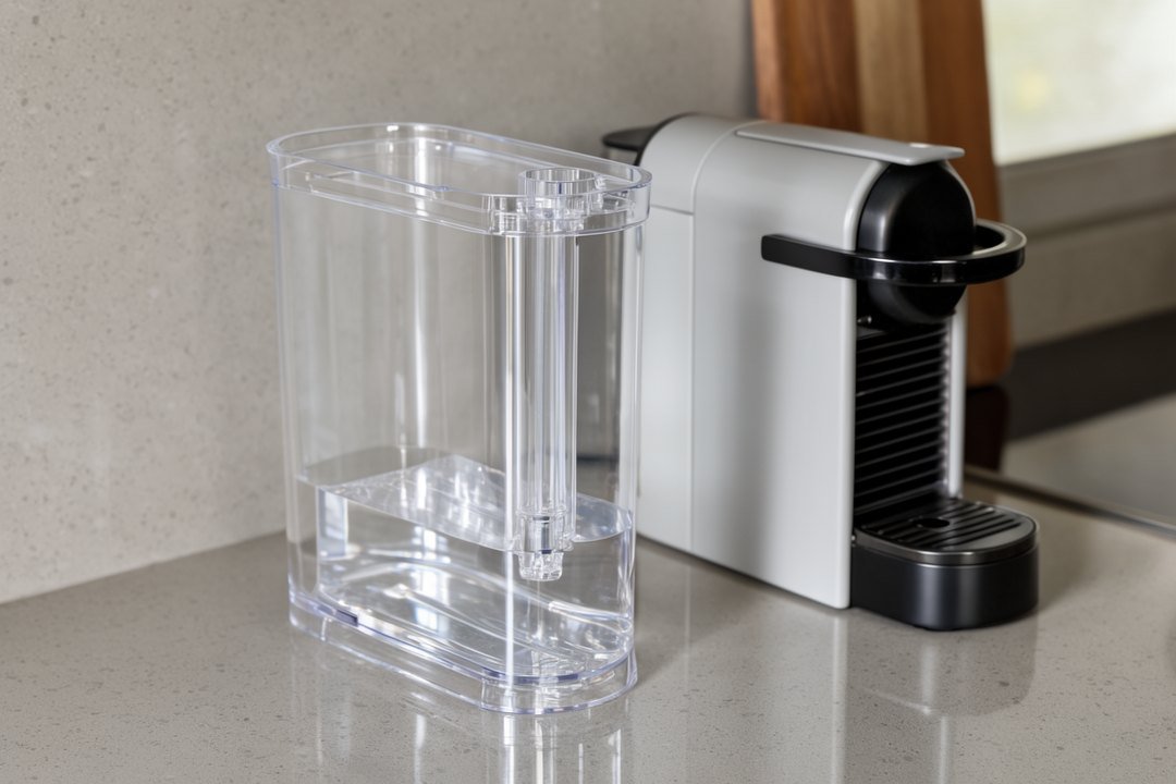 AI-created illustration of a detachable water tank beside an unplugged coffee maker