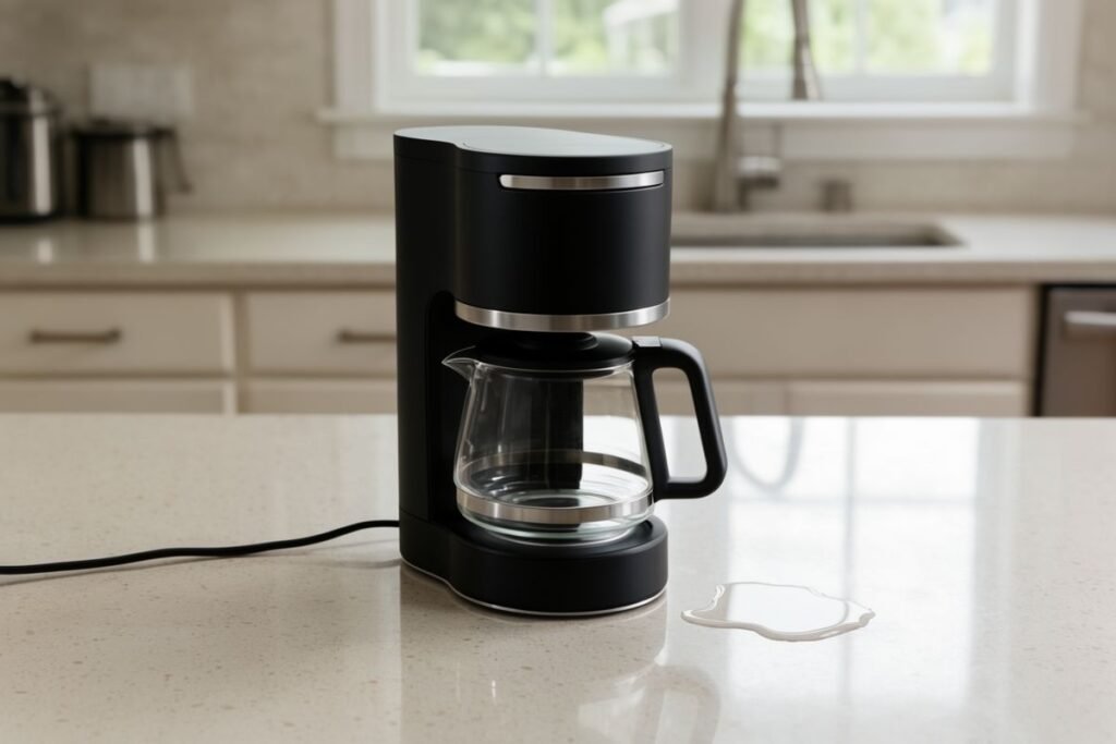 AI-created illustrative coffee maker scene showing a small amount of water on a counter; not a documented fault