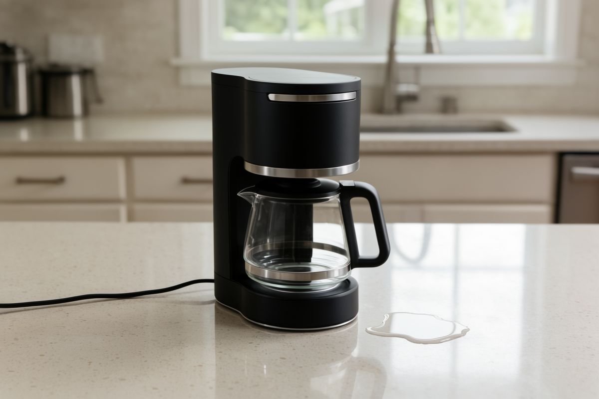 AI-created illustrative coffee maker scene showing a small amount of water on a counter; not a documented fault
