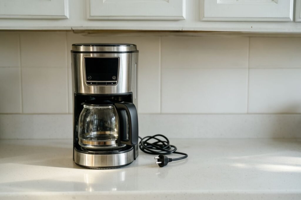 Illustrative, AI-created scene of an unbranded drip coffee maker with an unlit control panel