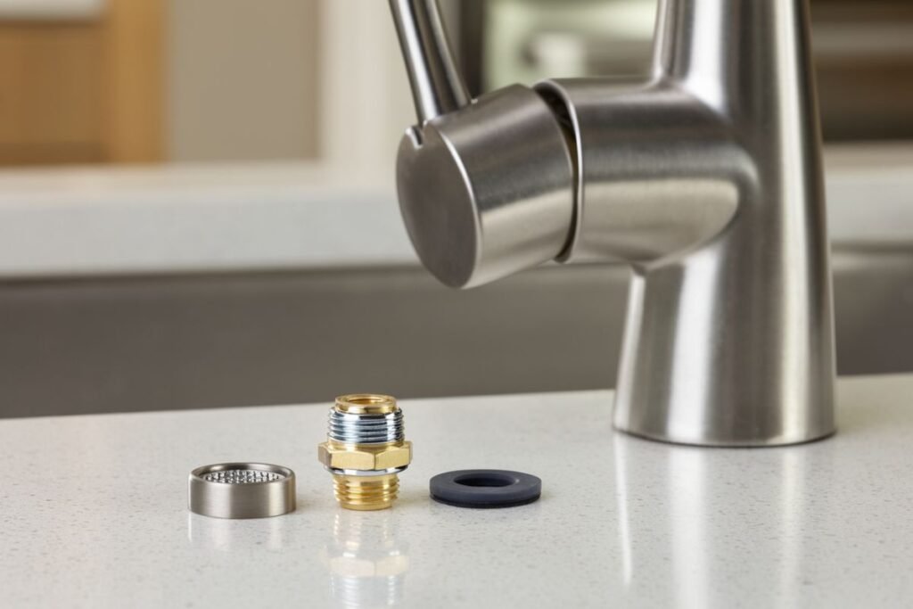 AI-created illustrative faucet, aerator and adapter fittings; not a measured compatibility photo
