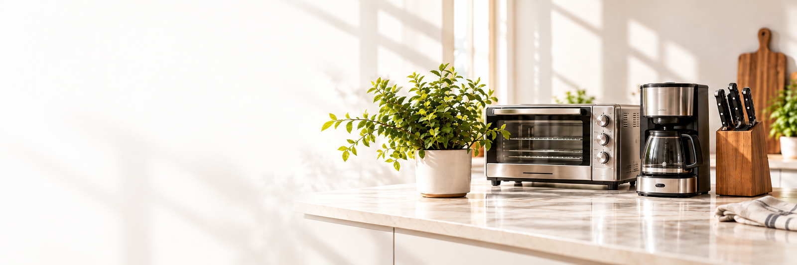 Warm kitchen counter with everyday cooking tools